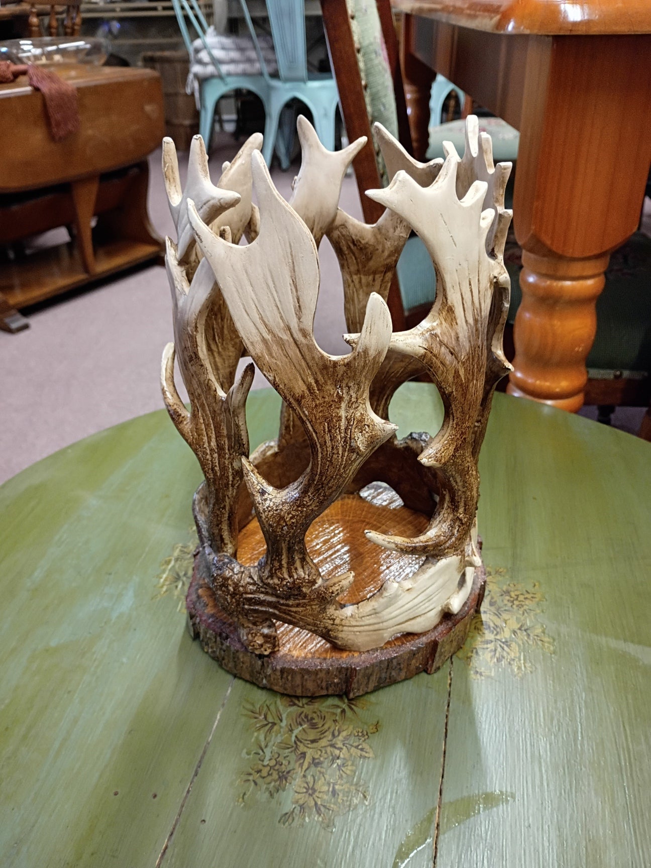 Faux Antlers on Log Slab Base