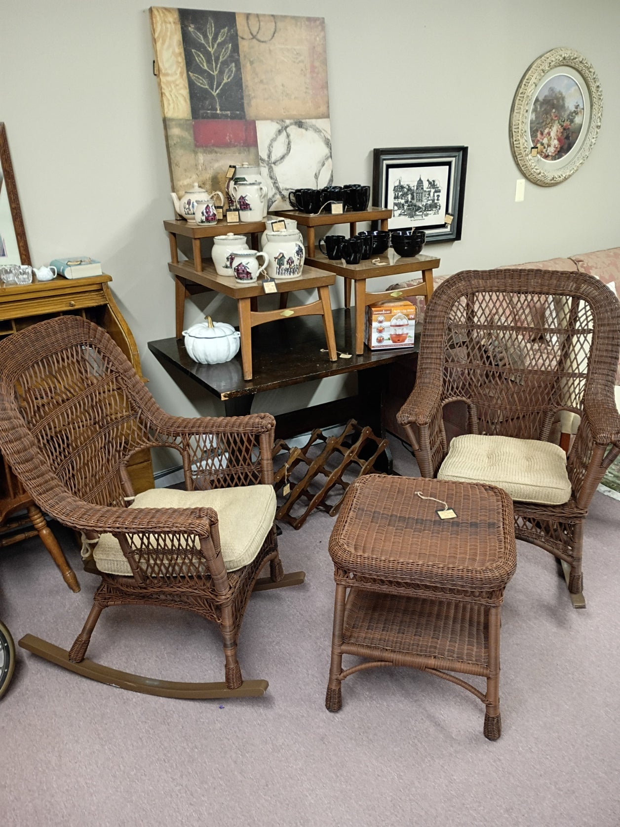 Pair of Rattan Rockers w/ Side Table