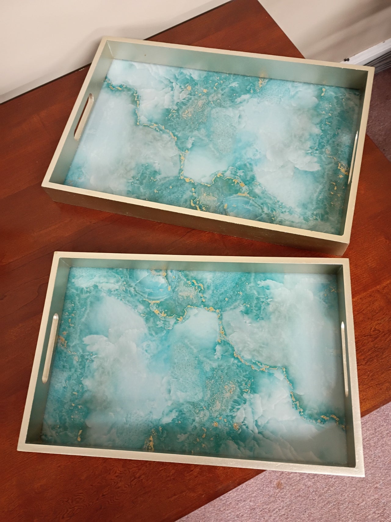 Set of 2 Silver and Teal Tray