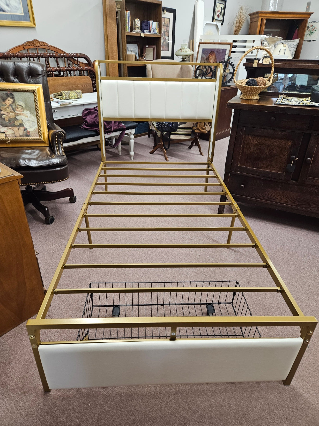 Twin Size, White and Gold Bed Frame