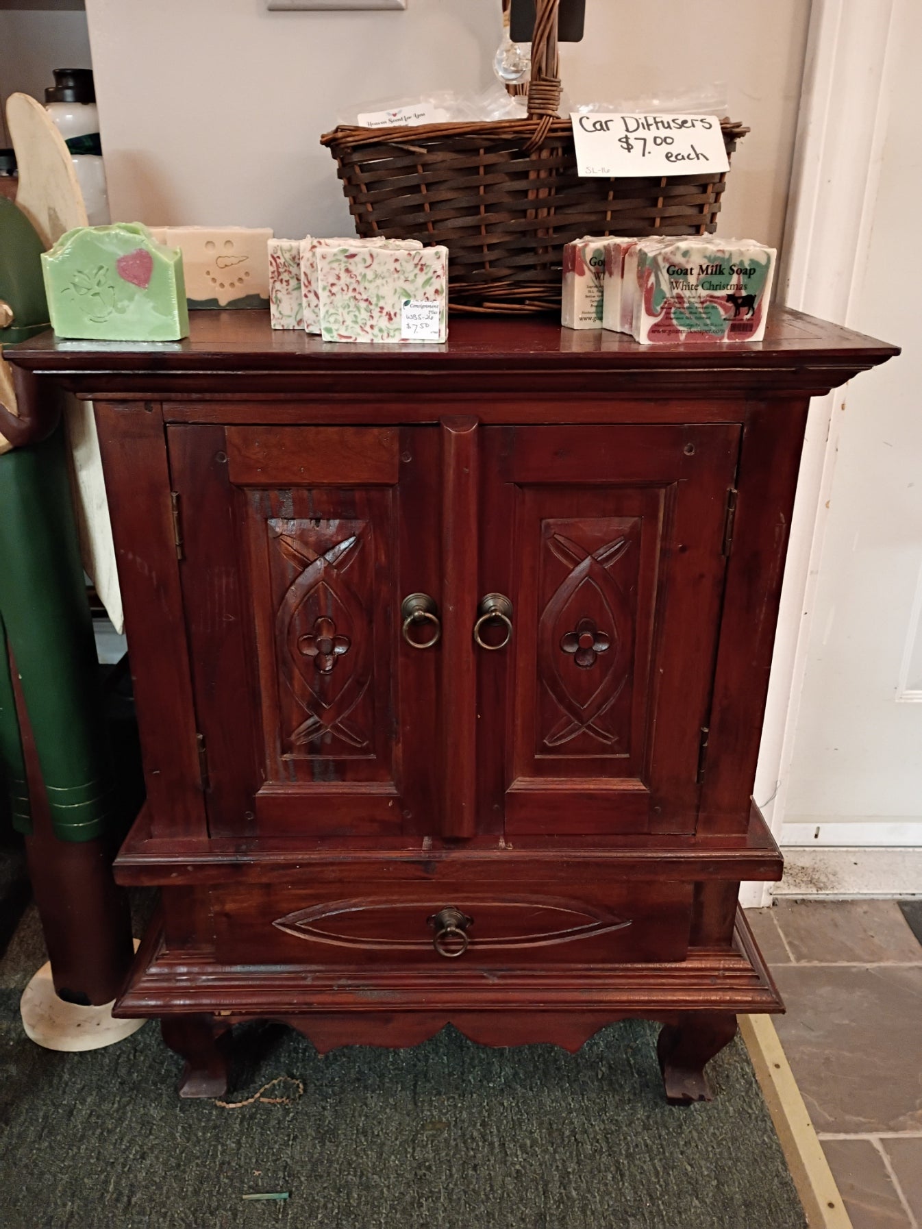 2-Door Wood Cabinet w/ Carved Flowers