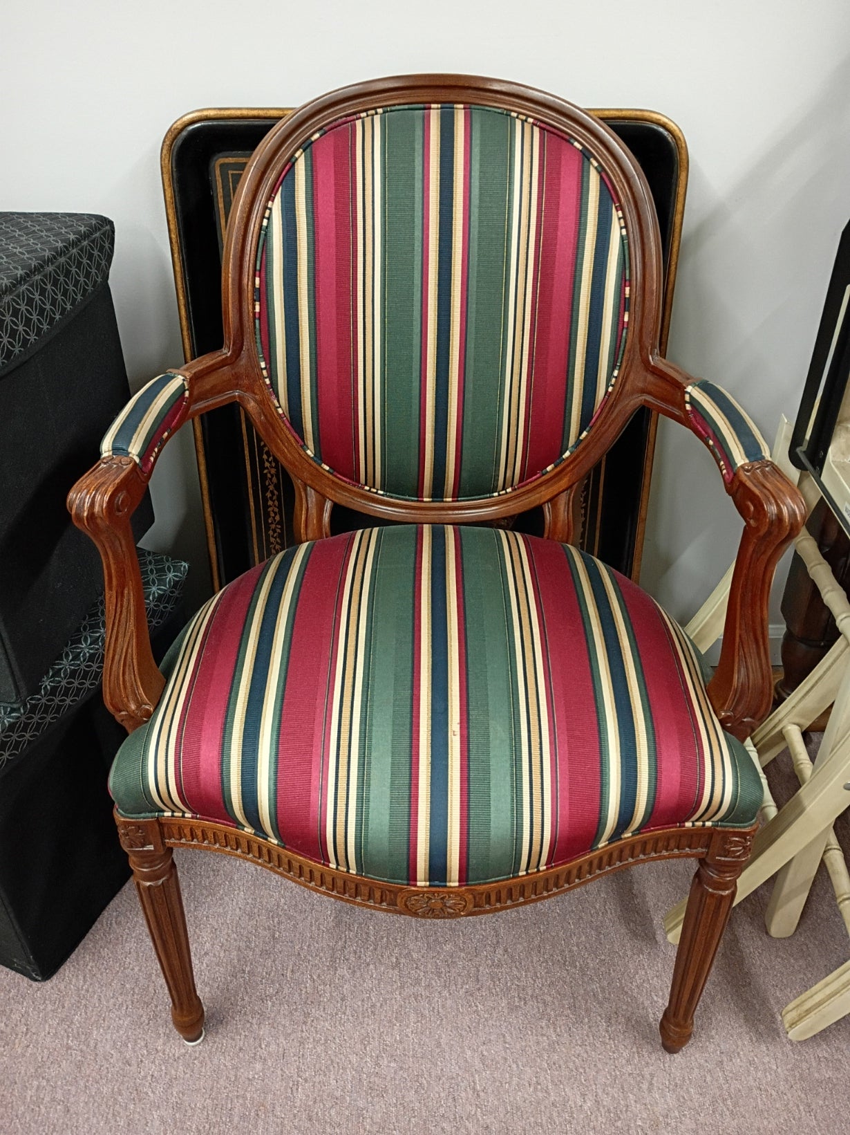 Wooden Arm Chair w/ Striped Upholstery