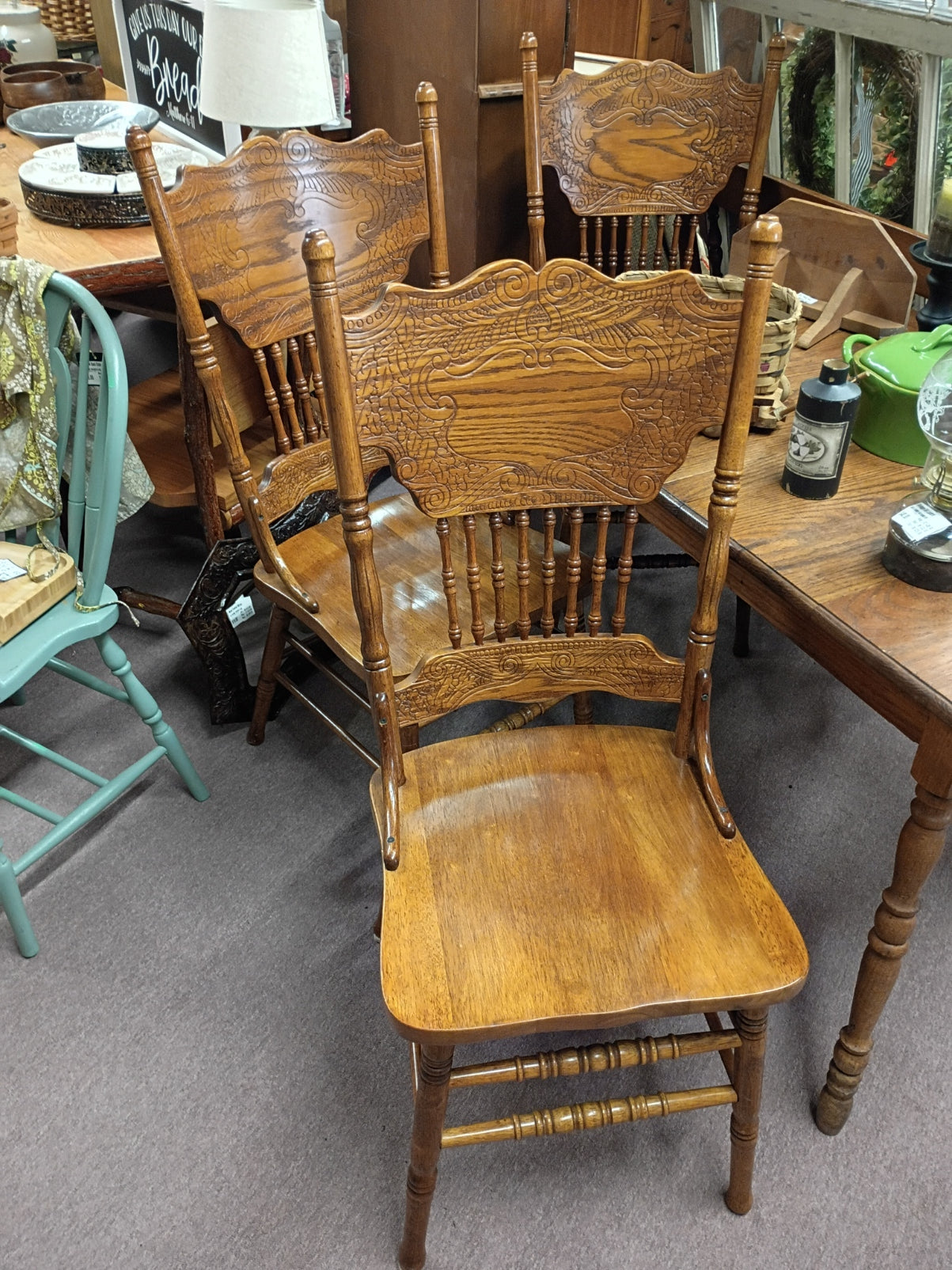 Set of 3 Oak Press Back Chairs