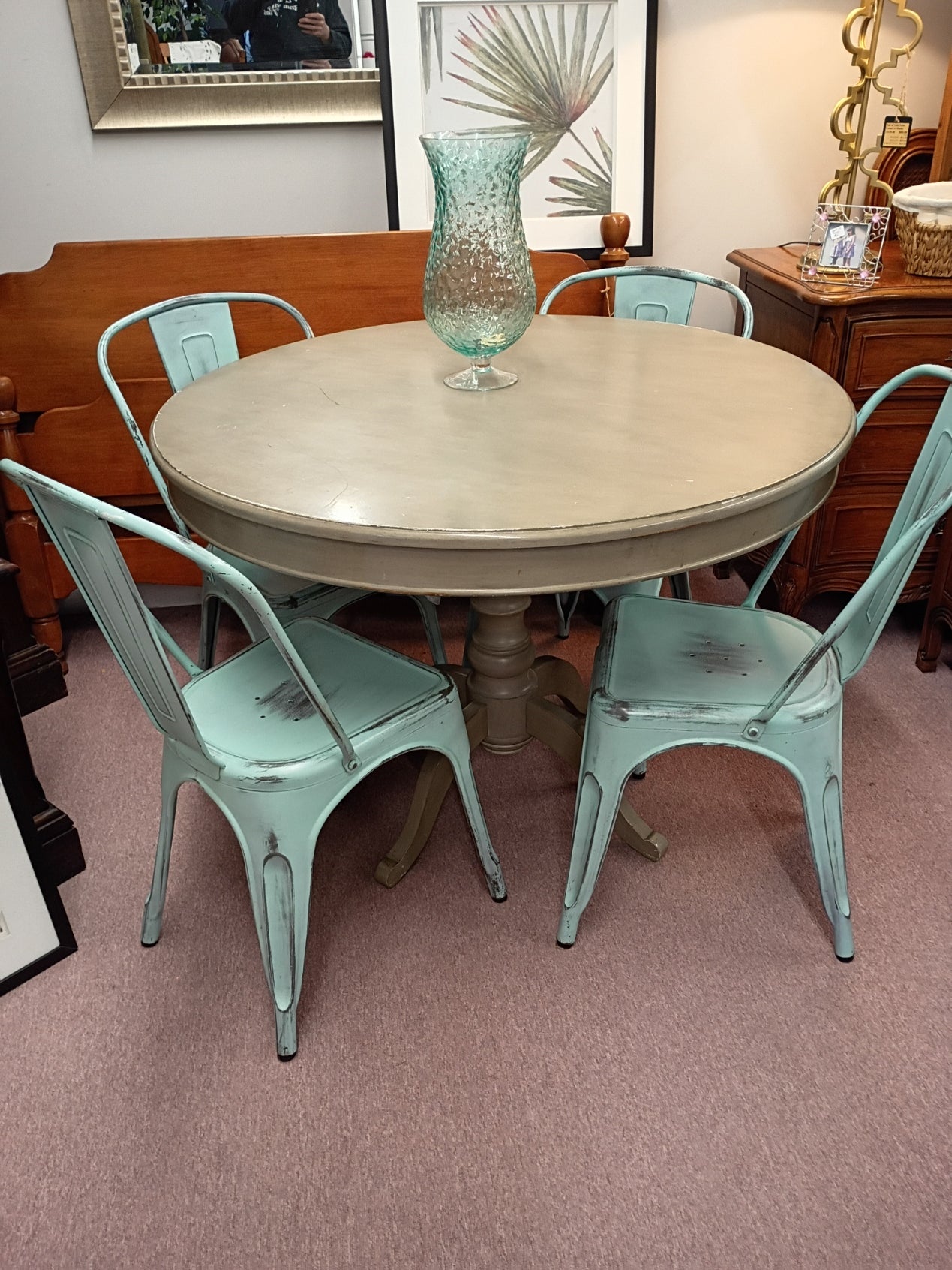 Gray Pedestal Table w/ 4 Blue Chairs
