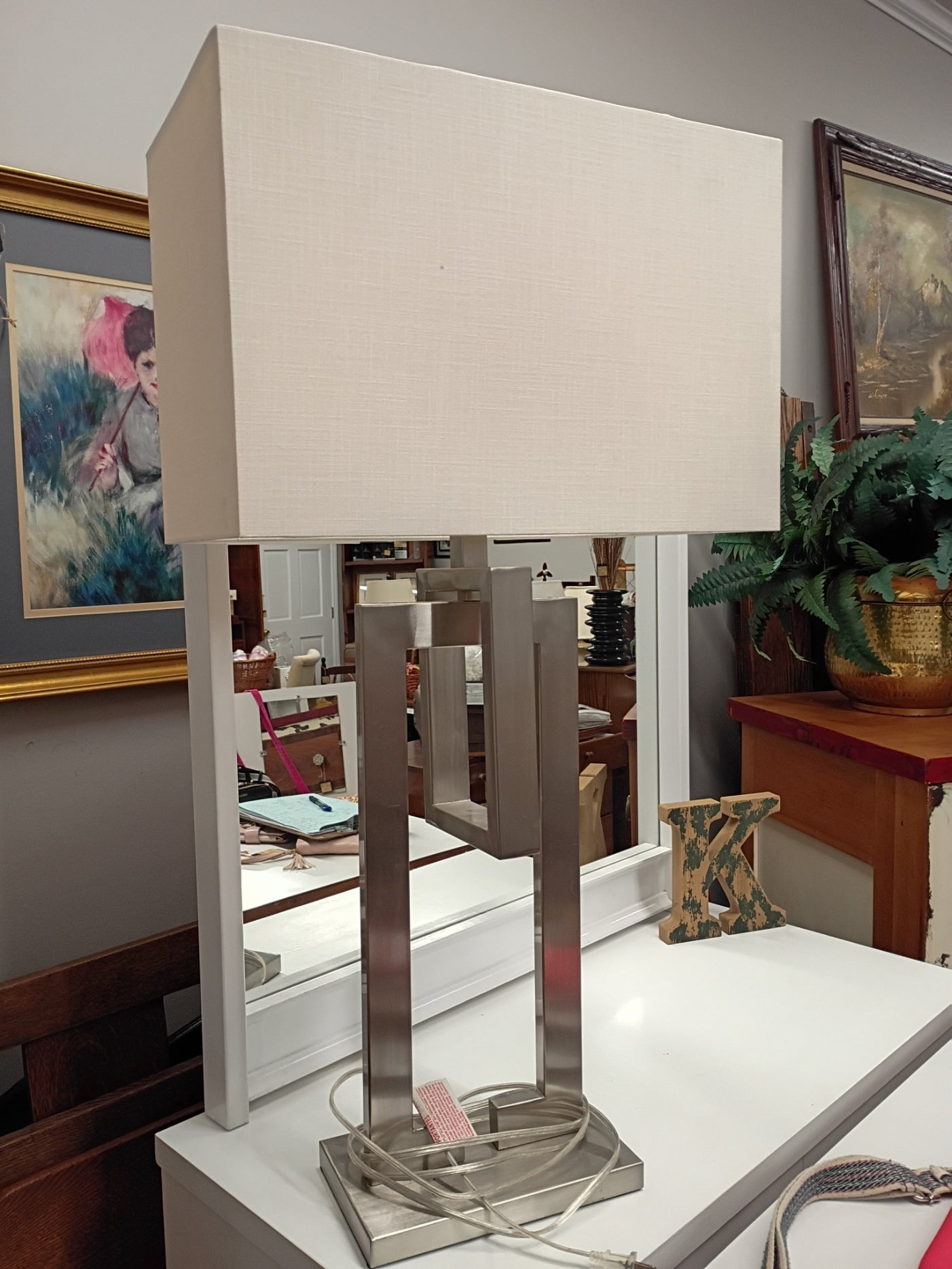 Large Silver Lamp w/ Square Shade