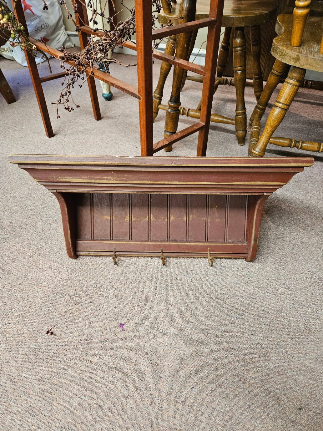 Red, Primitive Shelf w/ Metal Hooks