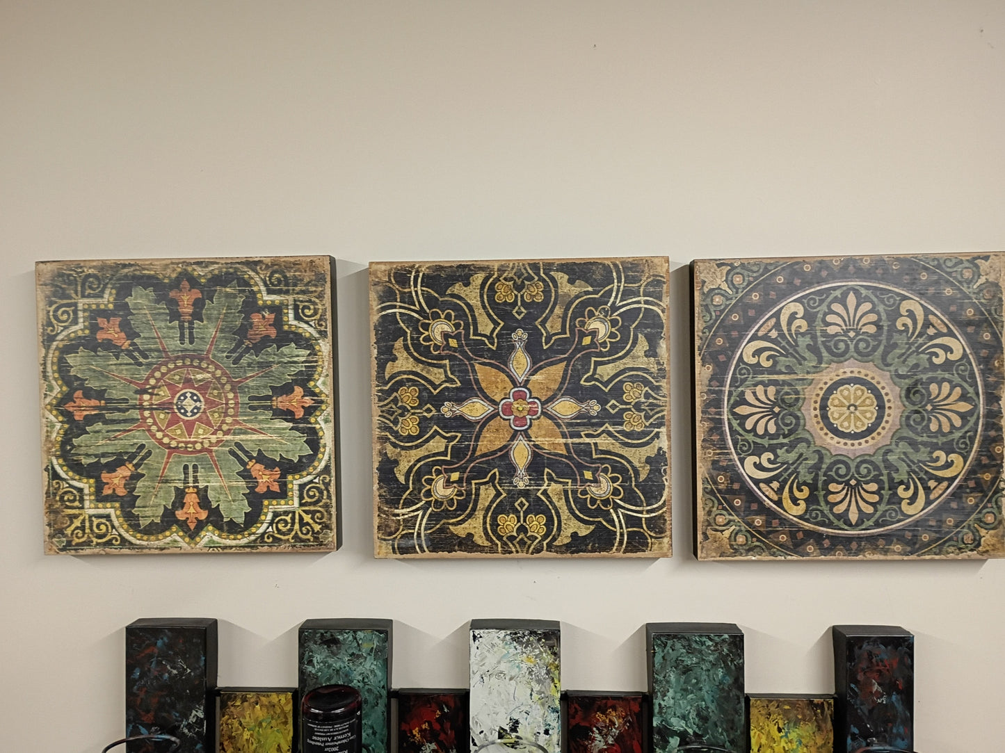 Set of 3 Painted Wood Wall Tiles