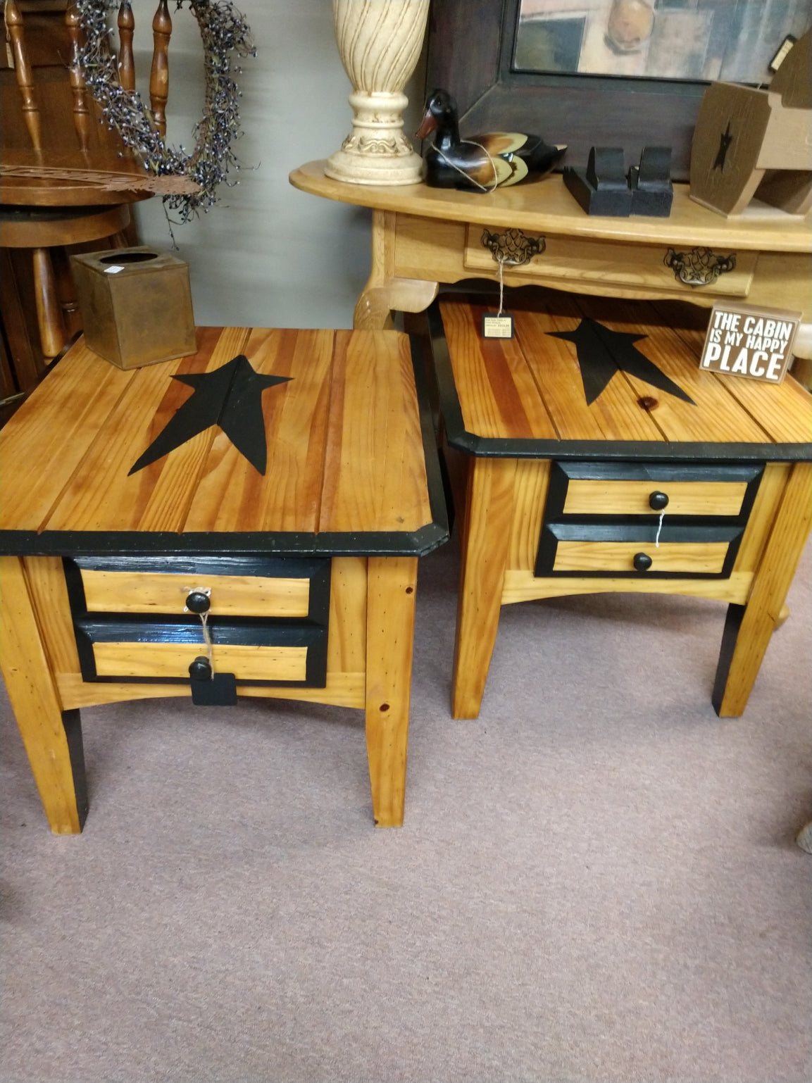 Pair of Pine End Tables w/ Stars