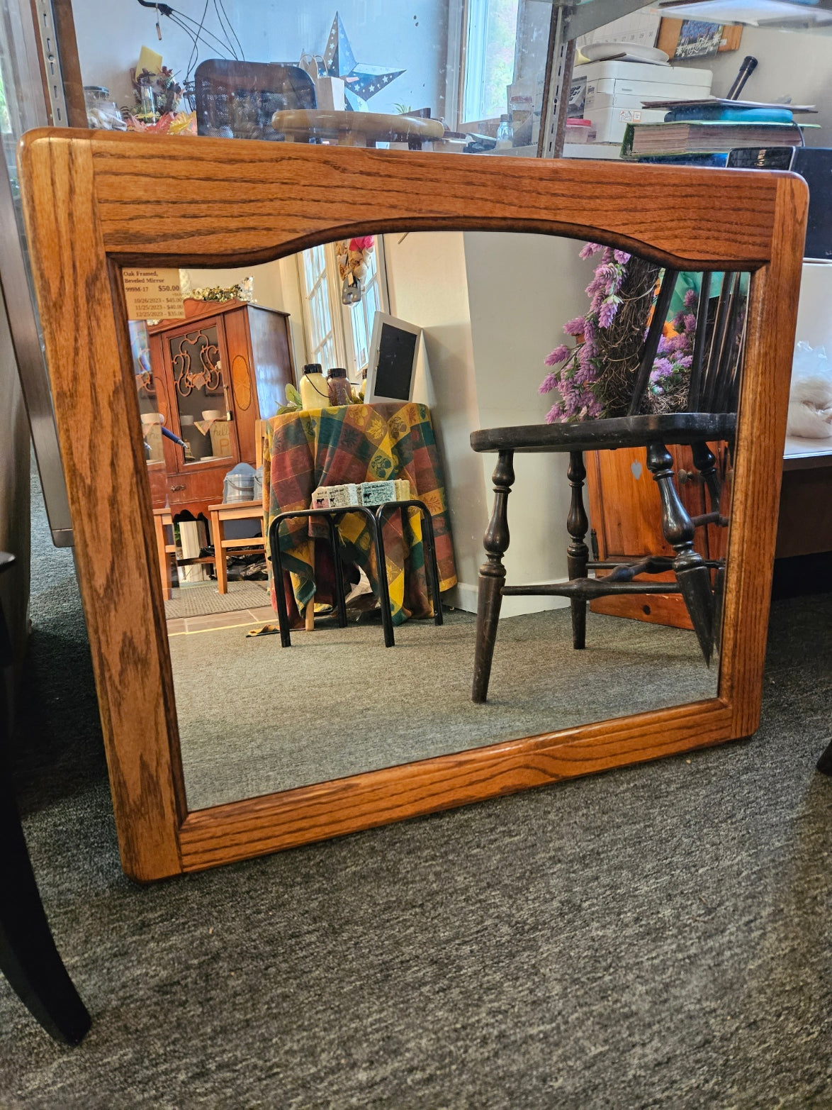Oak Framed, Beveled Mirror