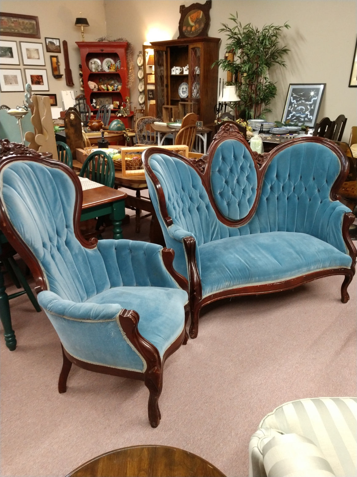 Blue Victorian Sette and Chair