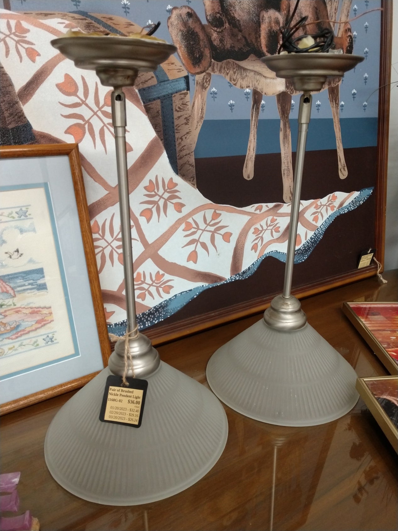 Pair of Brushed Nickel Pendant Lights