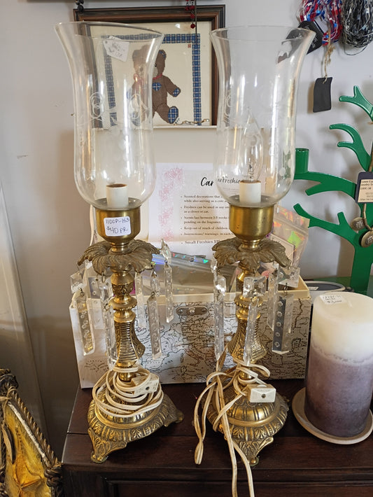 Pair of Brass Lamps w/ Crystals