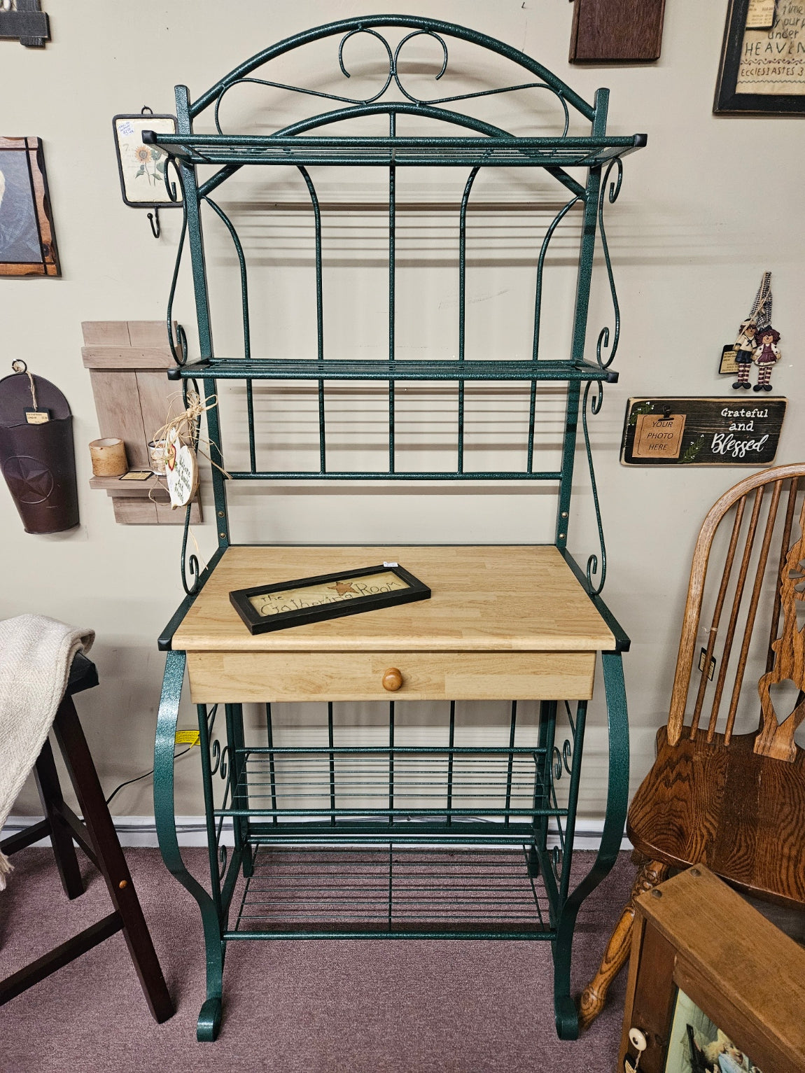 Green Bakers Rack Metal Bakers Rack w/ Wood Drawer – New Leaf Consignment Plus