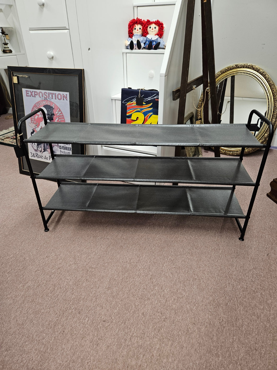 Black Metal and Cloth Shoe Racks