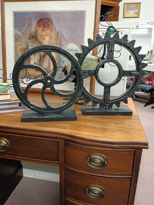 Pair of Distressed Black Gear Decor
