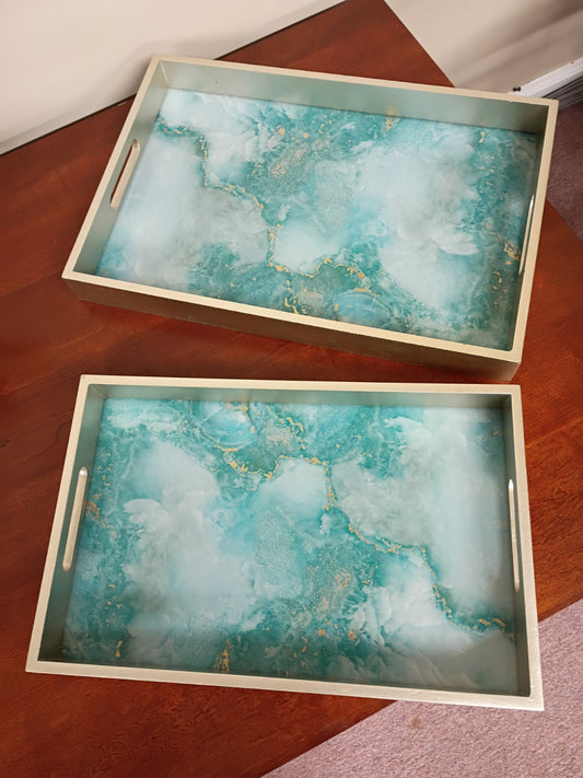Set of 2 Silver and Teal Tray