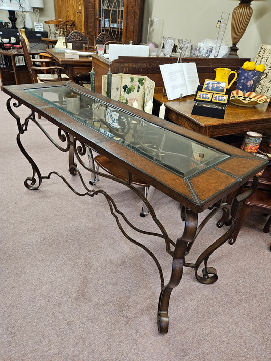Glass and Leather Top Console Table