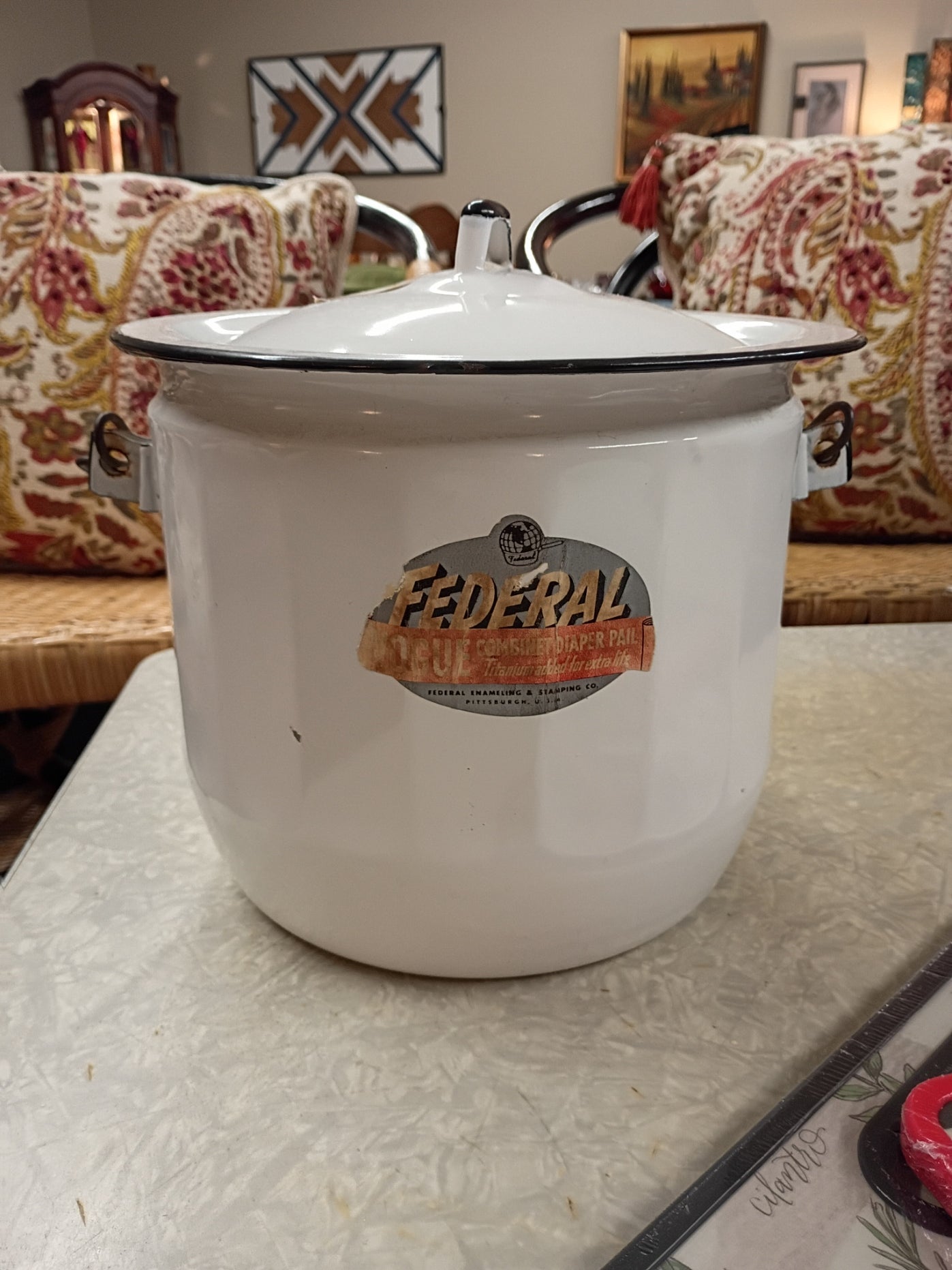 White Enamel Pot w/ Lid