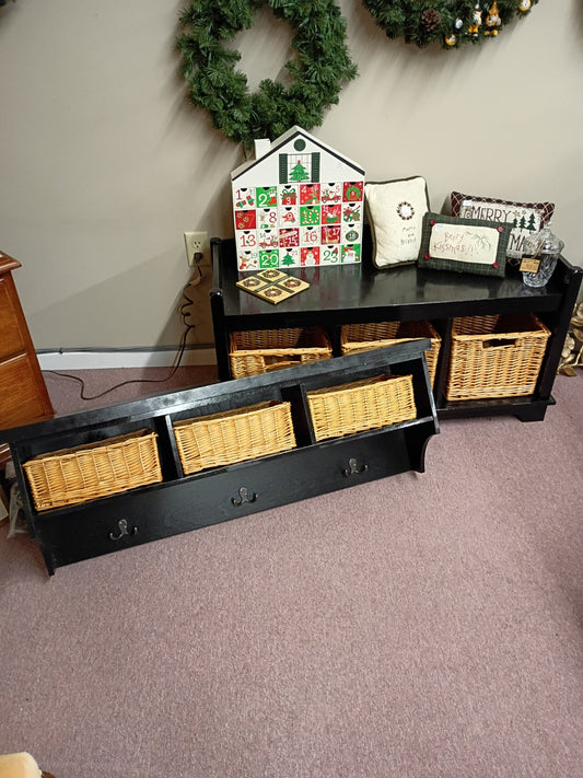 Black Bench and Wall Shelf w/ Baskets