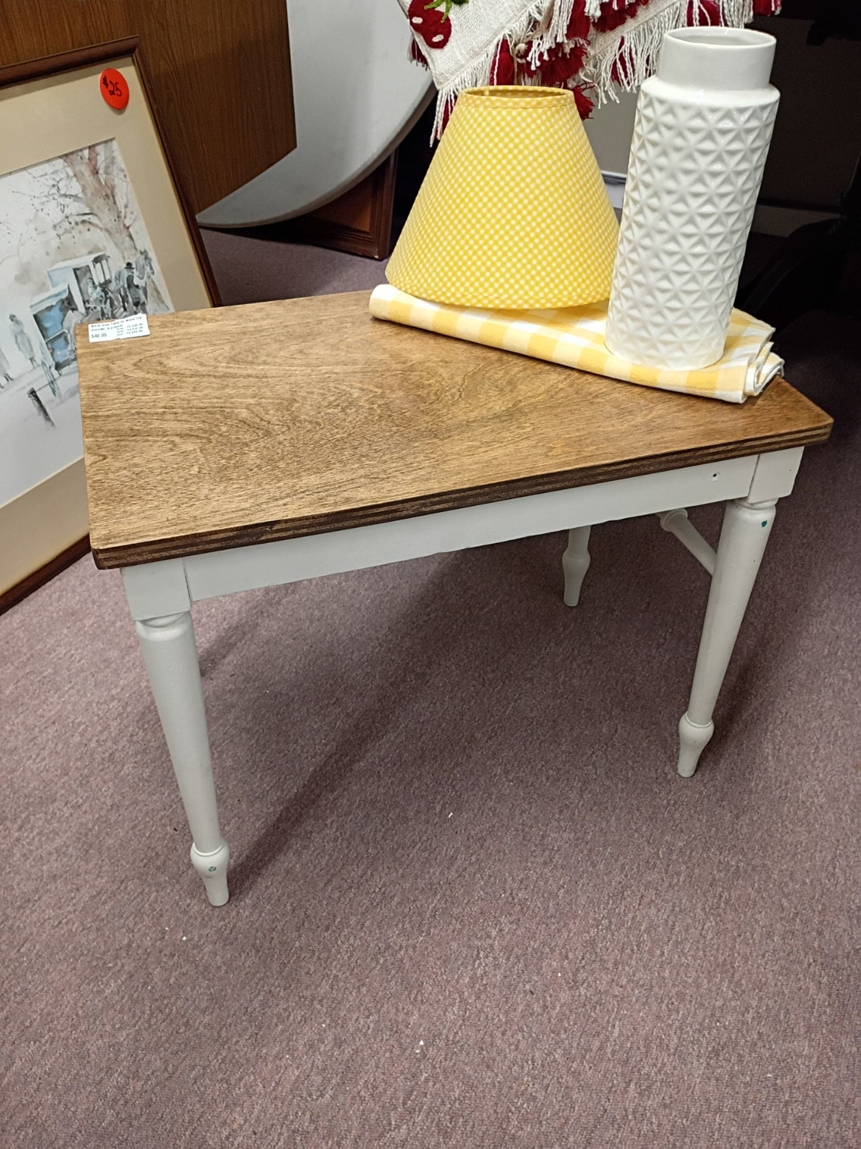 White Side Table w/ Wood Top