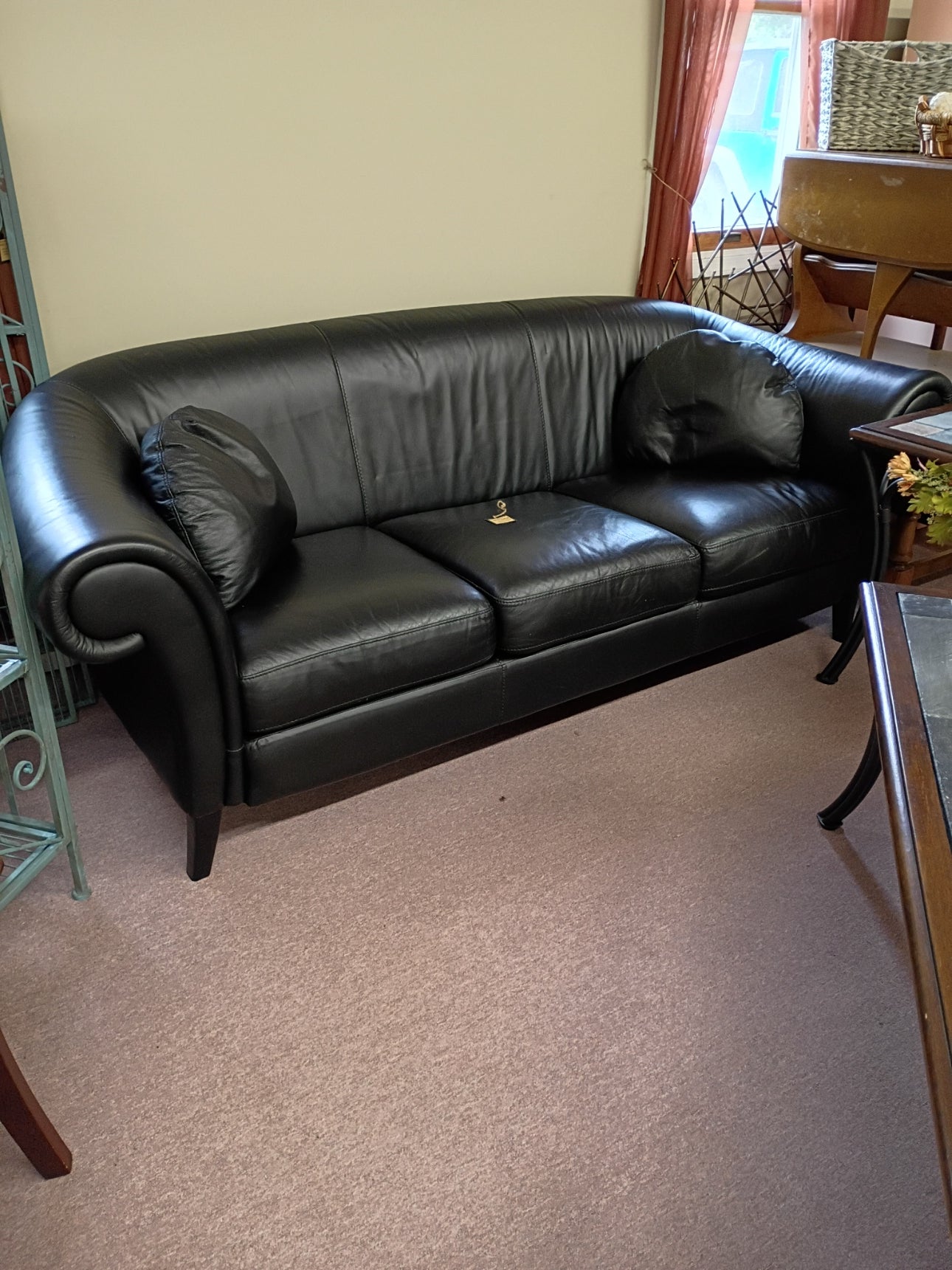 Black Leather Sofa w/ 2 Pillows