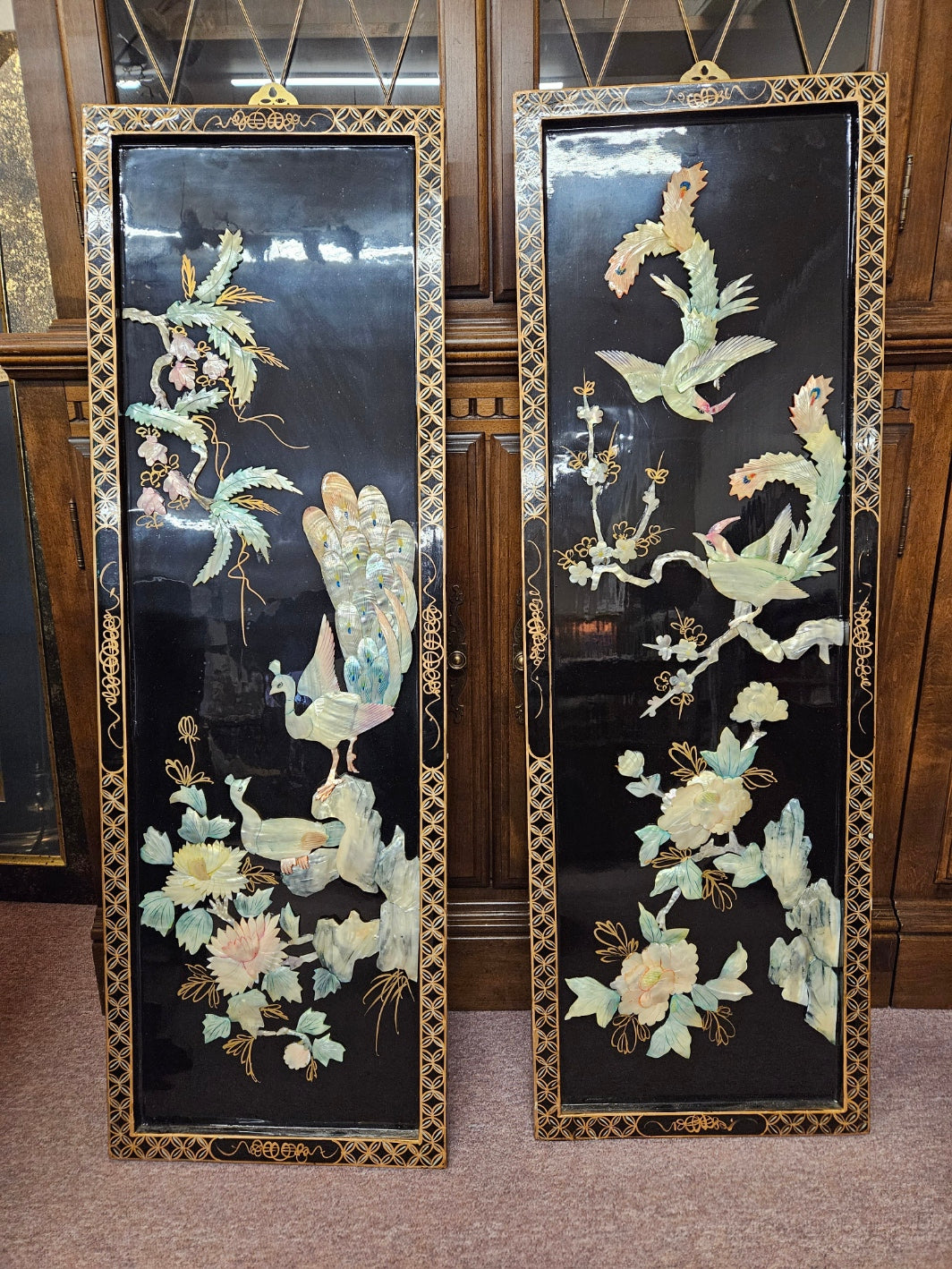 Pair of Asian, Black Lacquer Wall Plaques