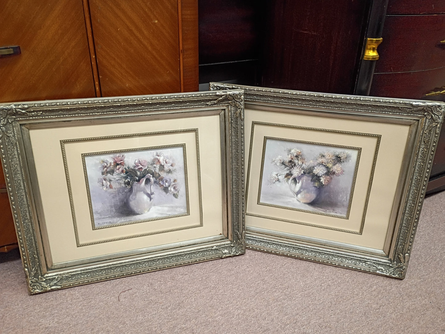 Pair of Floral Prints in Silver Frames