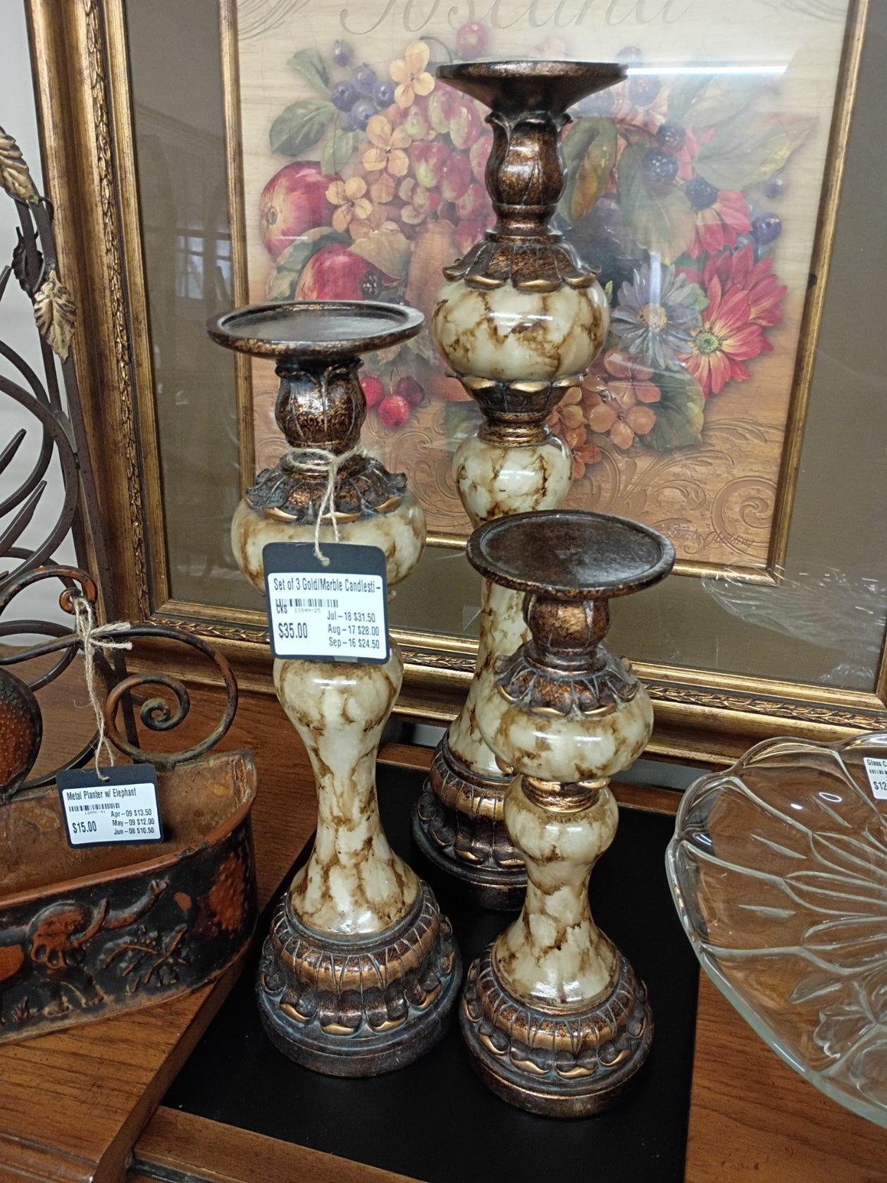 Set of 3 Gold/Marble Candlesticks
