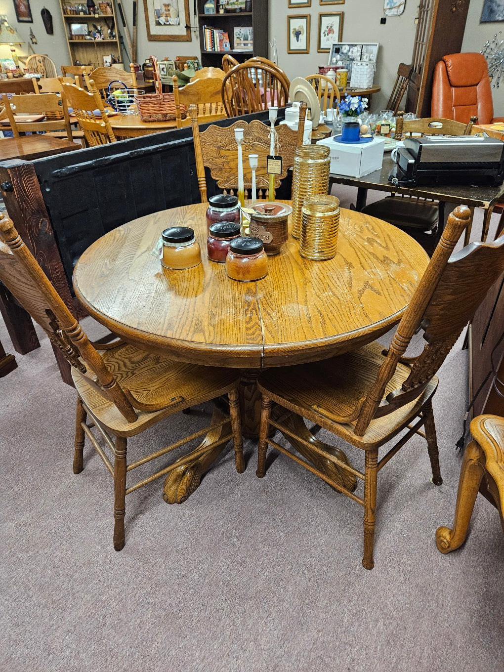 Consignment Table Oak Pedestal Table w/ 3 Press Back Chairs – New Leaf Consignment Plus