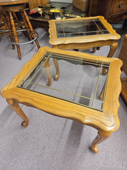 Pair of Oak End Tables w/ Leaded Glass