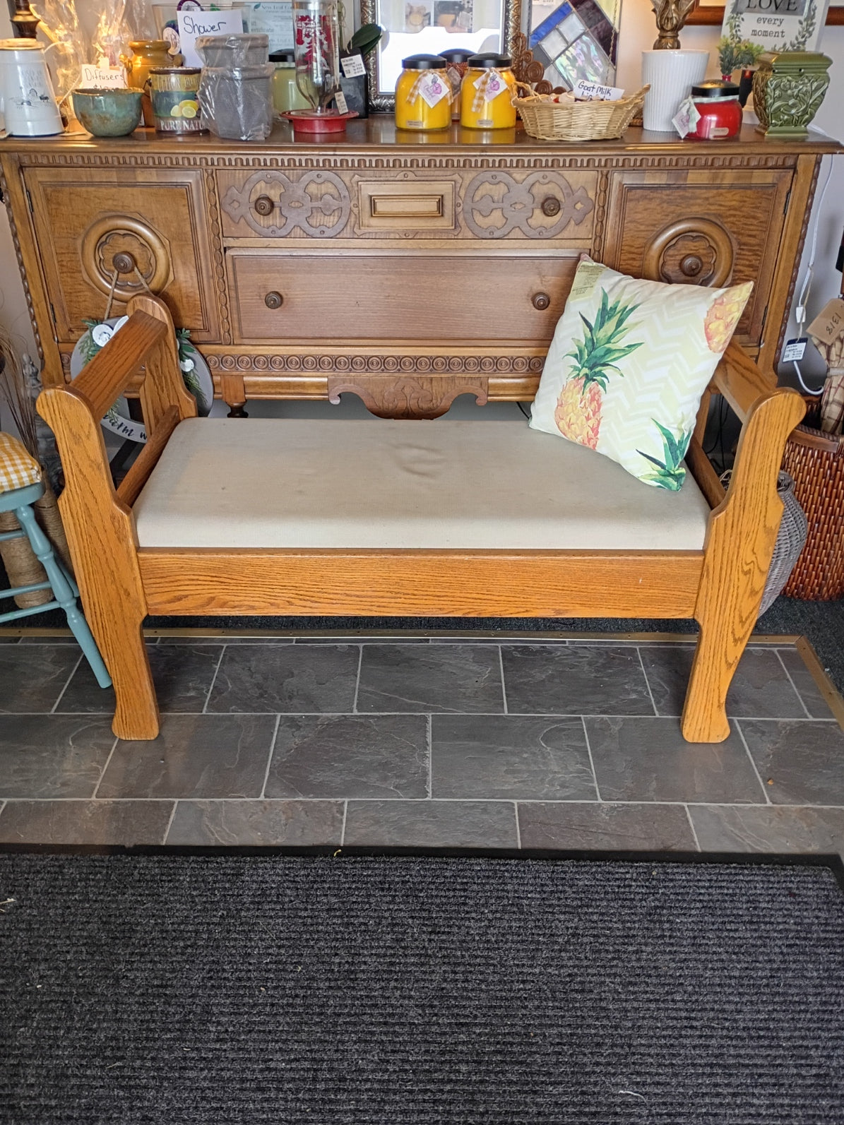 Oak Bench w/ Cushioned Seat