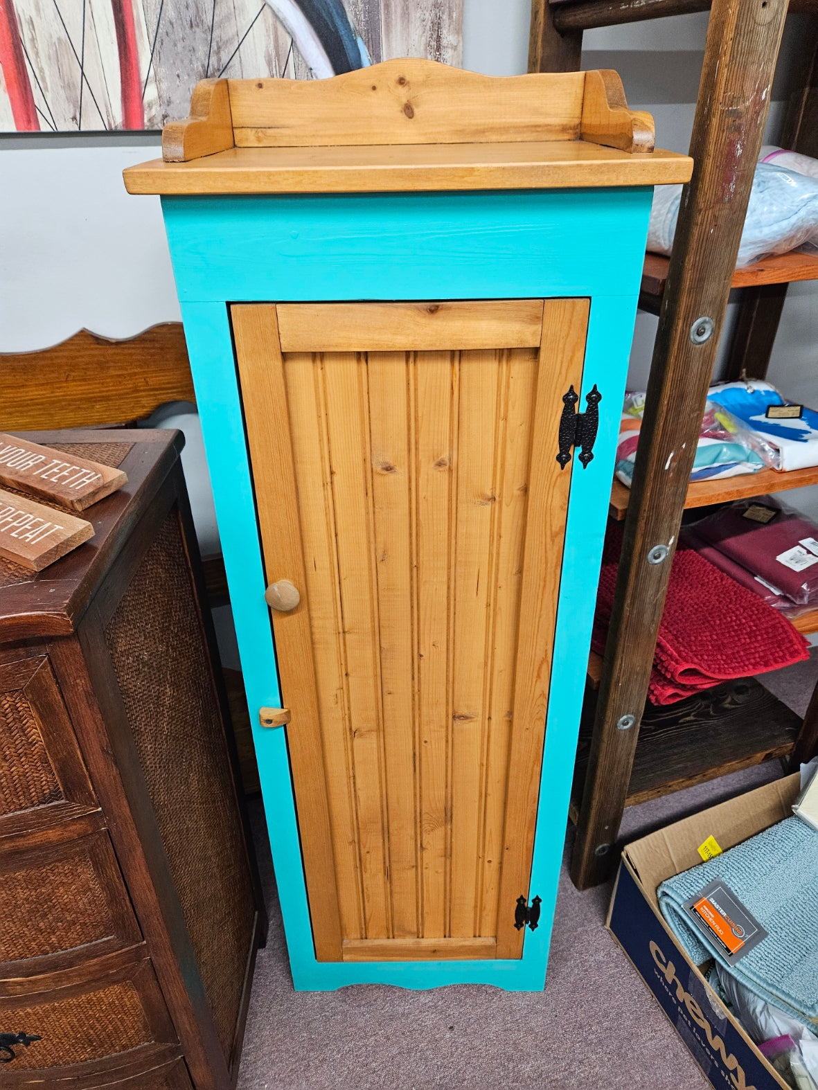 Teal and Pine Pantry Cabinet