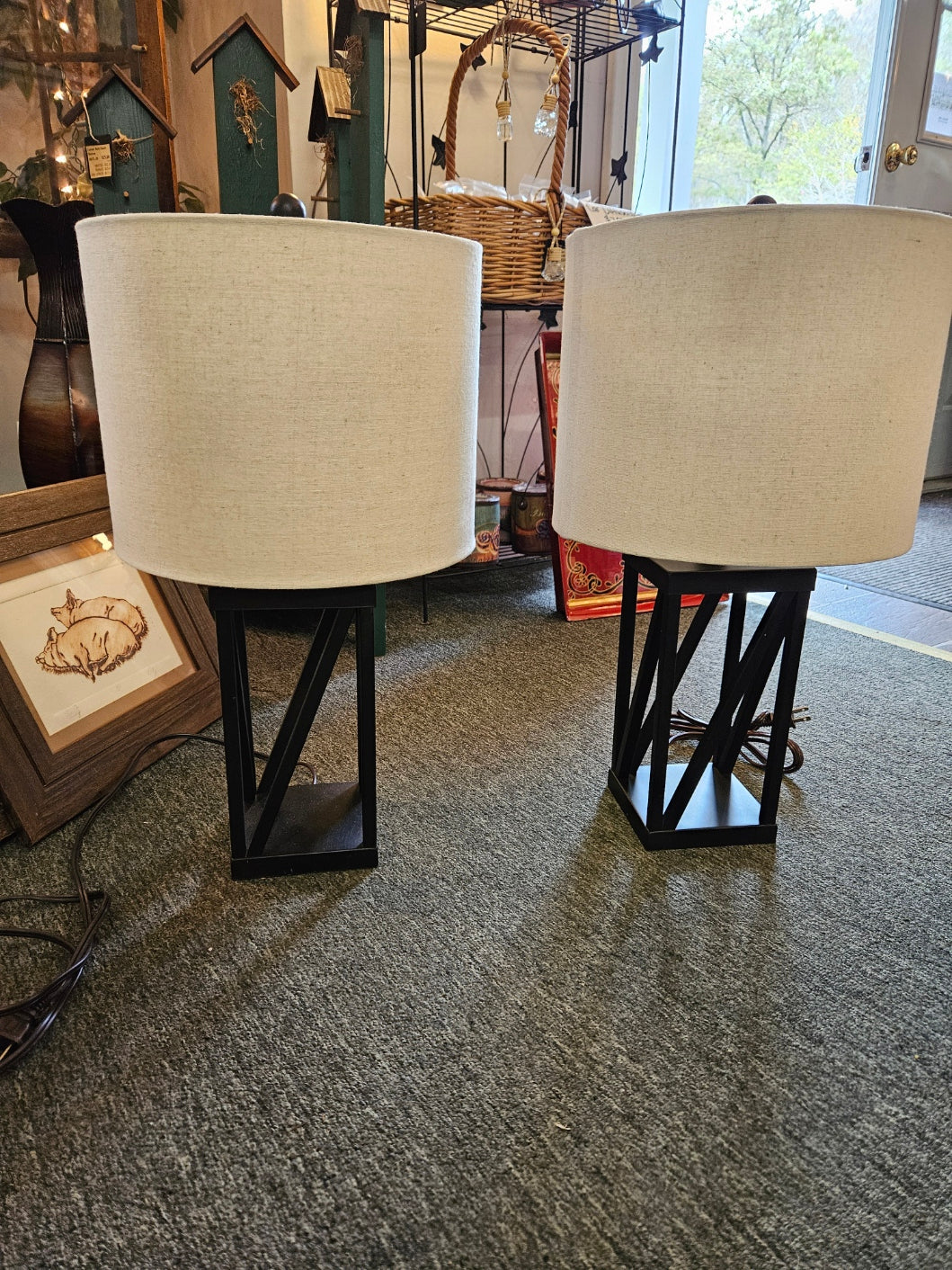 Pair of Black Metal Lamps w/ Drum Shade