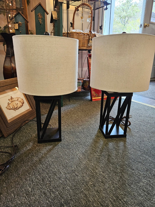 Pair of Black Metal Lamps w/ Drum Shade