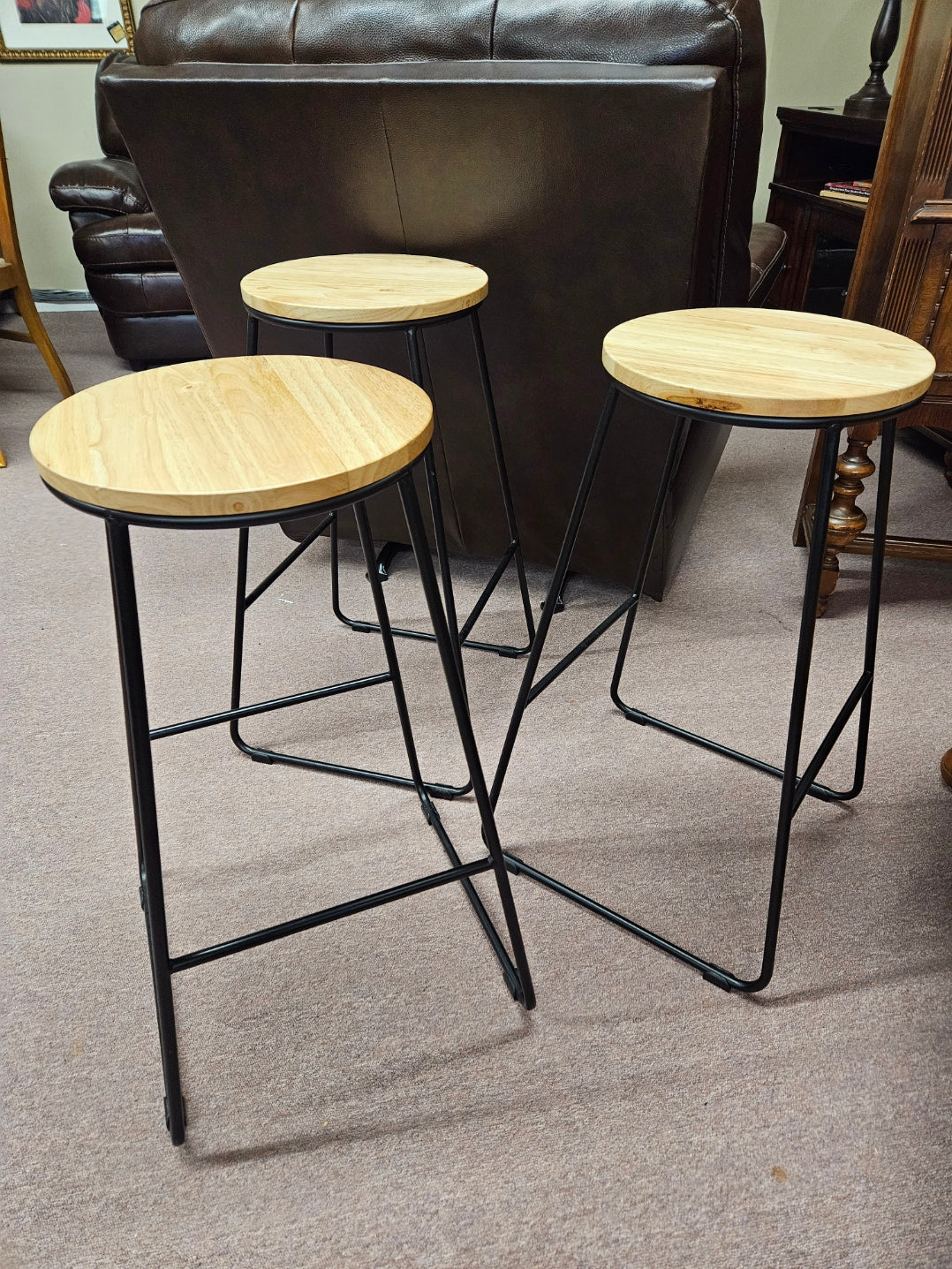 Set of 3 Metal Counter Stools w/ Wood Tops