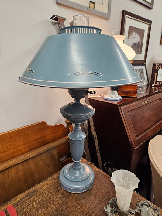 Blue Hurricane Lamp w/ Metal Shade