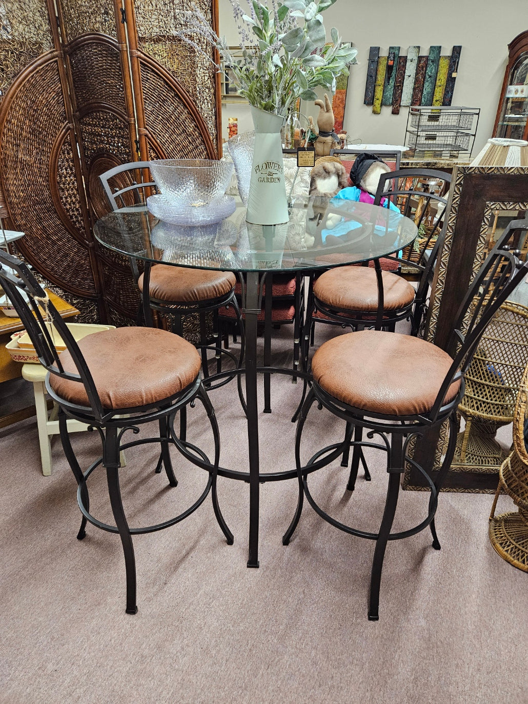 Bar Height Table w/ Glass Top and 4 Stools