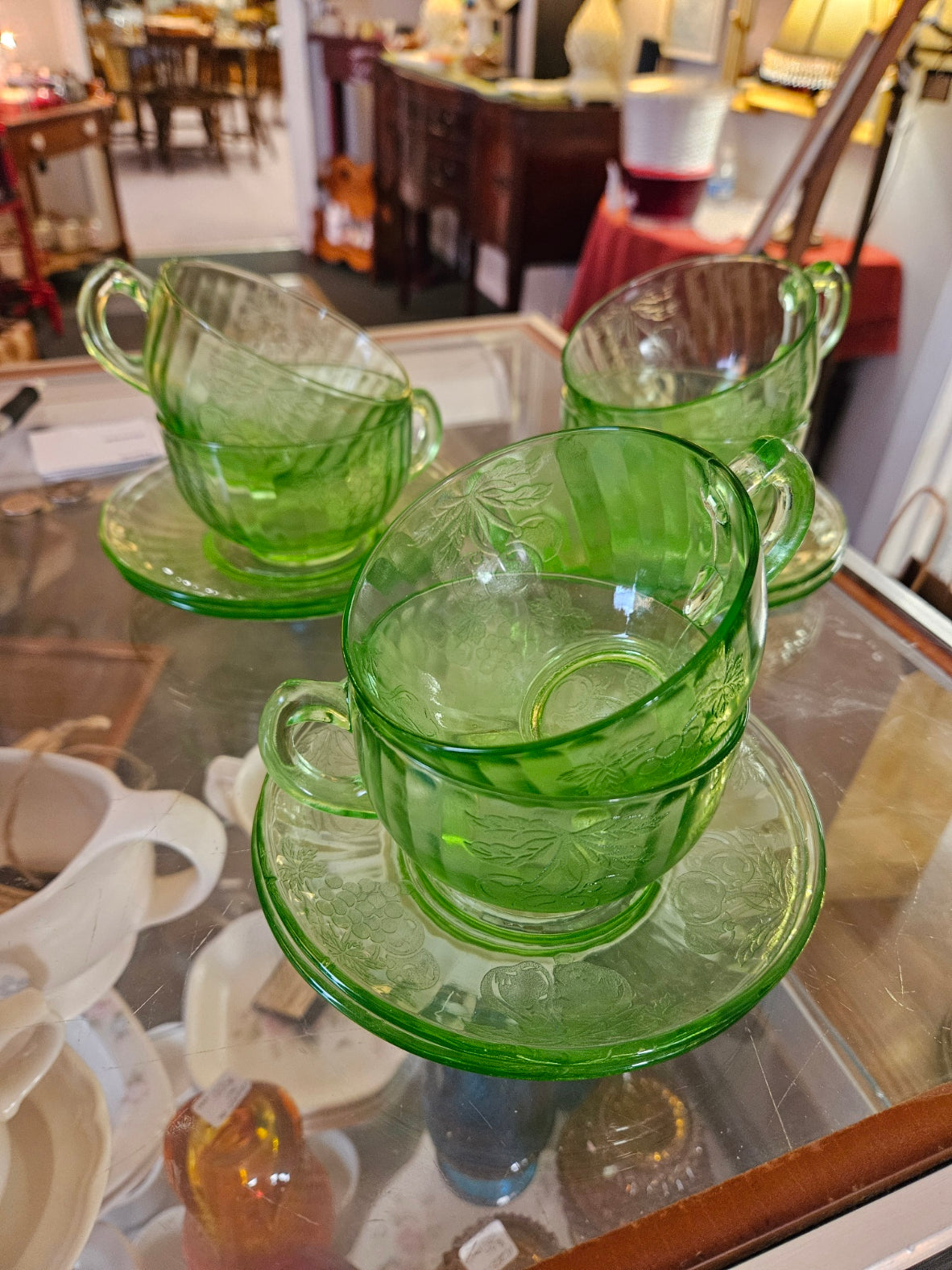 Set of 6 Green Cups w/ Saucers