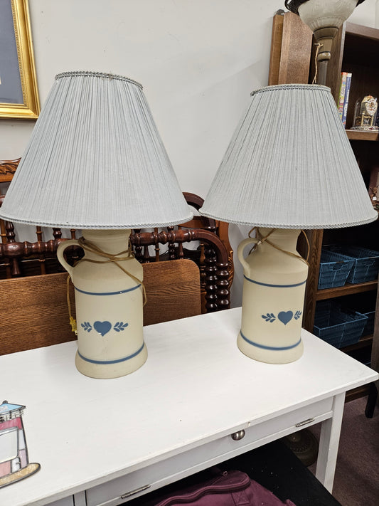 Pair of Crock Lamps w/ Blue Shades