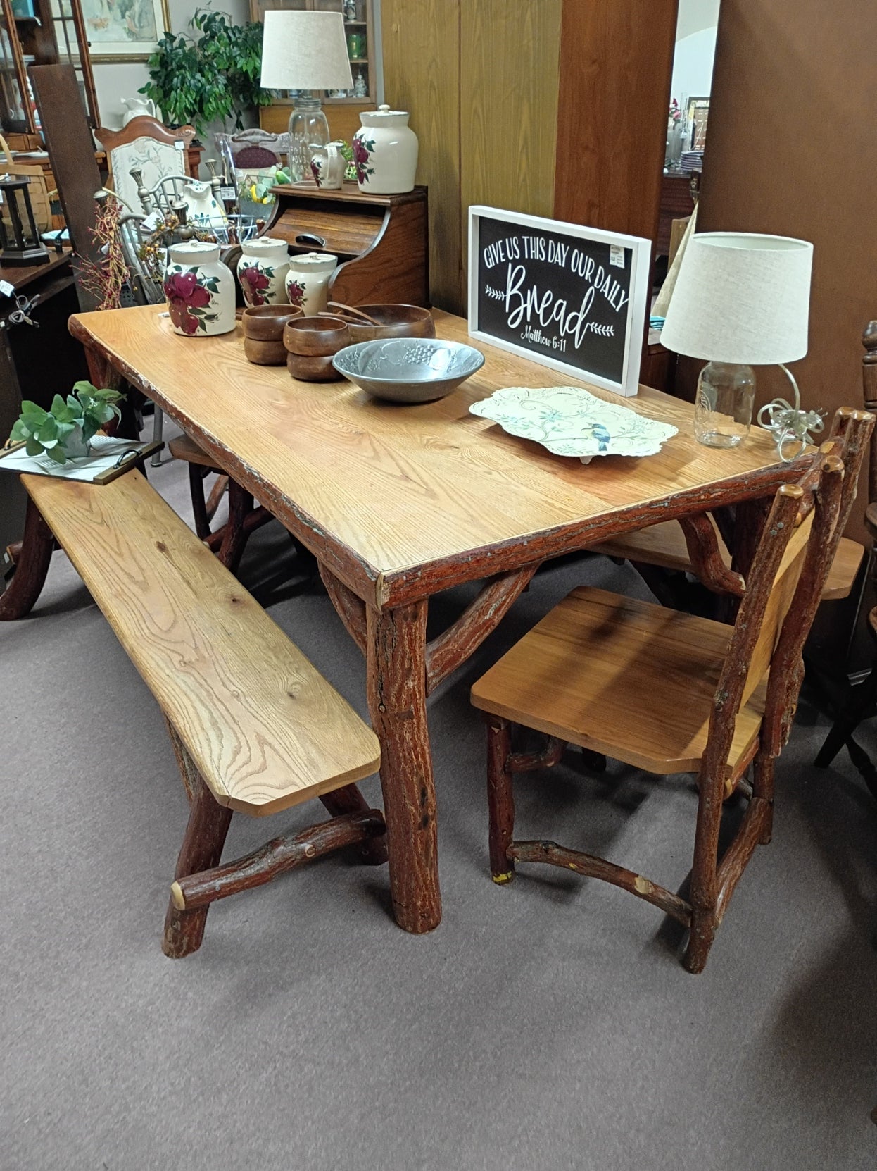 Rustic Log Table w/ 2 Benches and Chairs