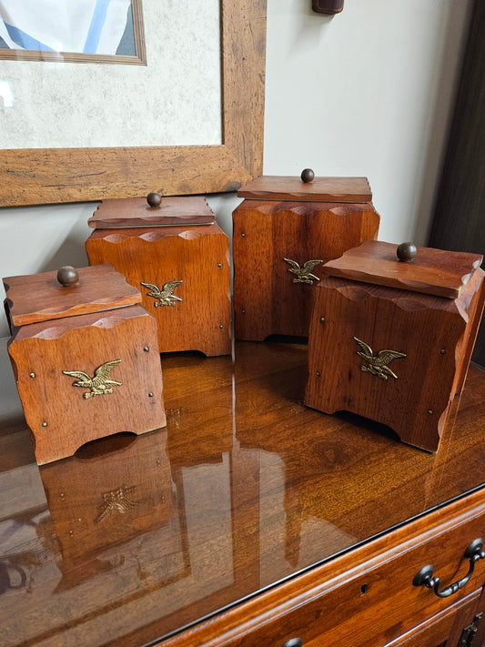 Set of 4 Vintage, Wooden Canisters