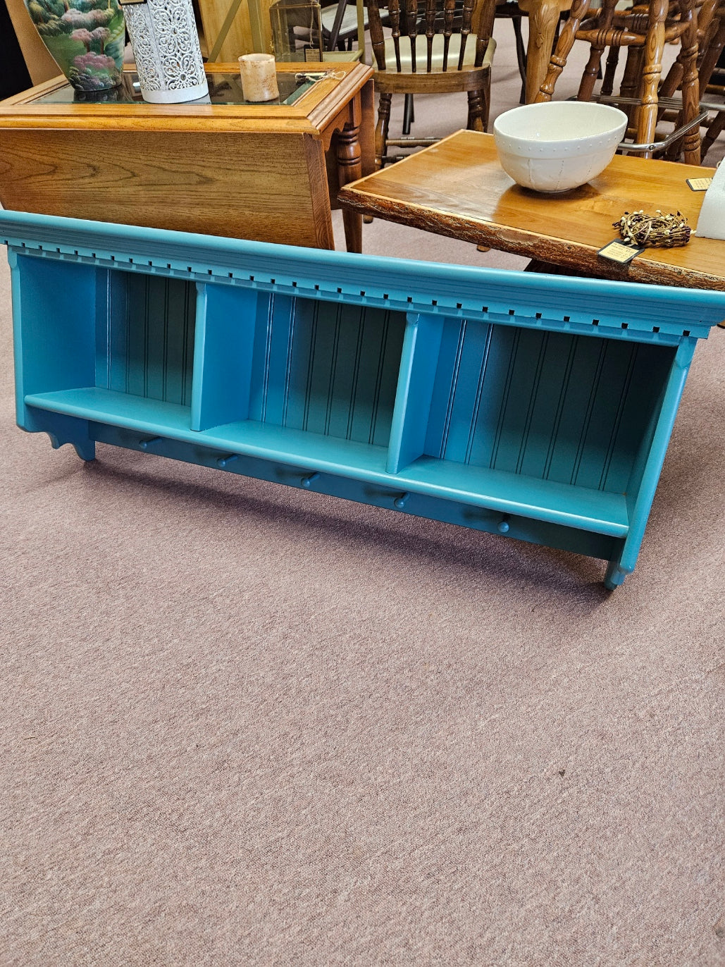 Blue Painted Wall Shelf w/ Hooks