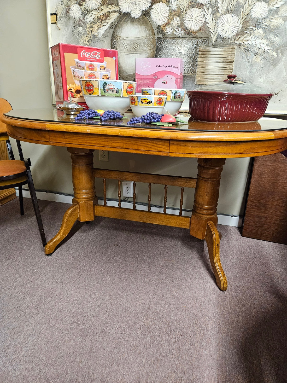 Oak, Oval Pedestal Table w/ Glass Topper
