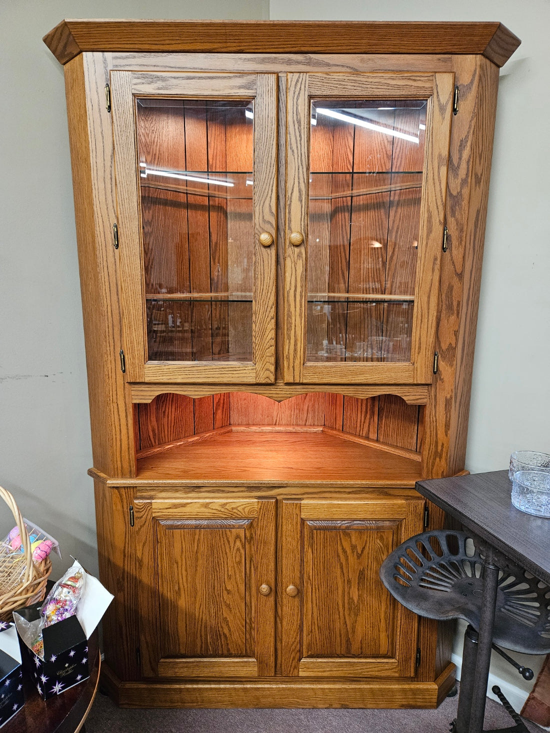 Lighted 2-Piece, Solid Oak Corner Cabinet