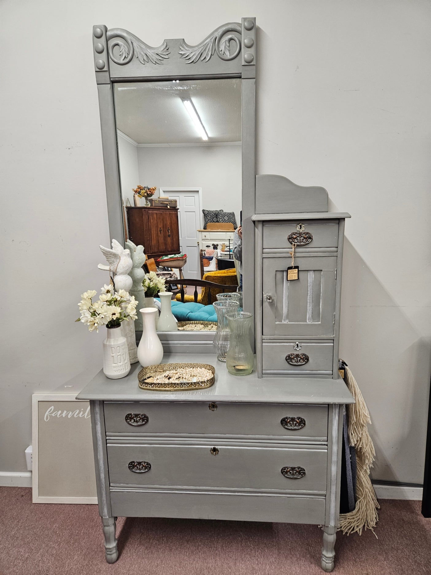 Gray Painted Chest w/ Tall Mirror