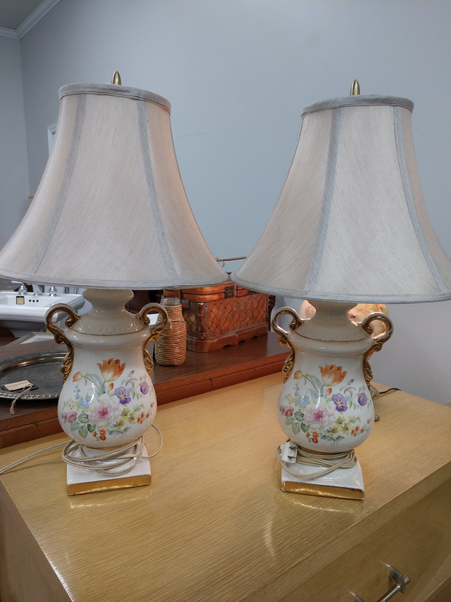 Pair of Ceramic, Painted Lamps