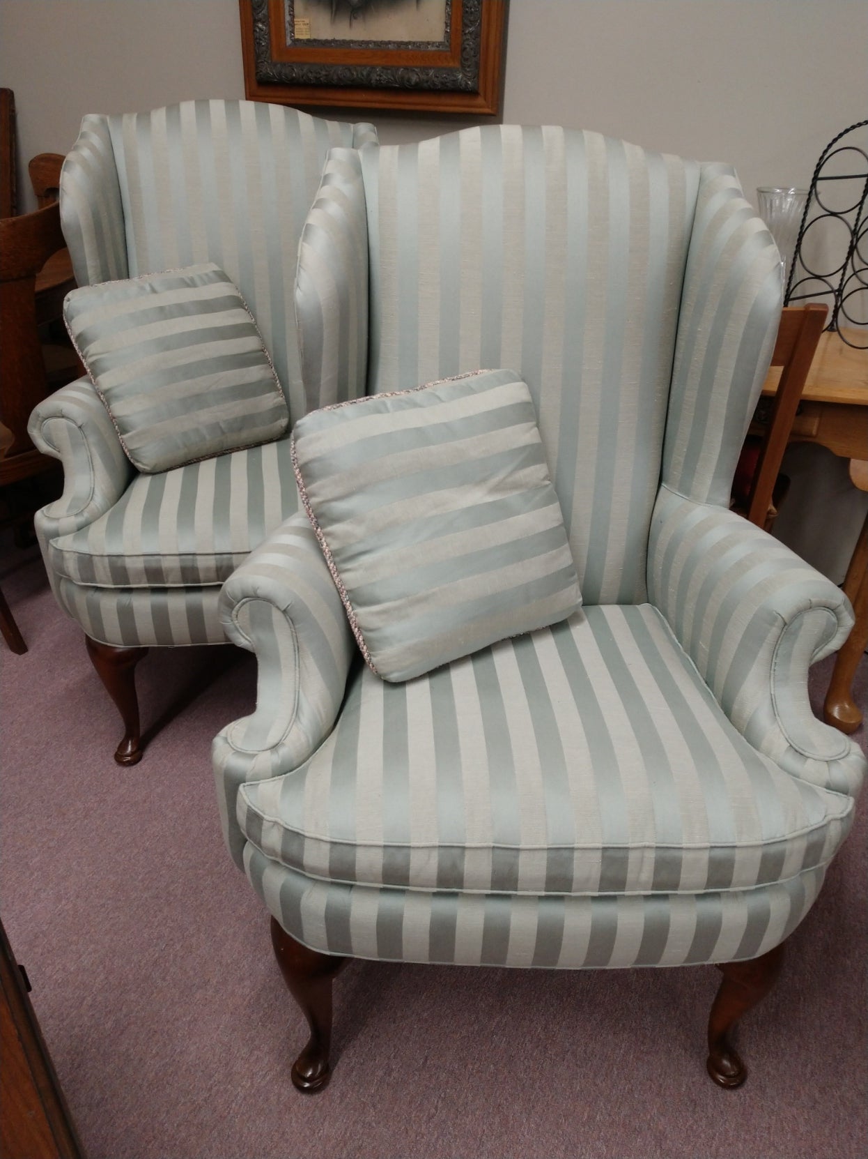Pair of Green Strip Wing Chairs