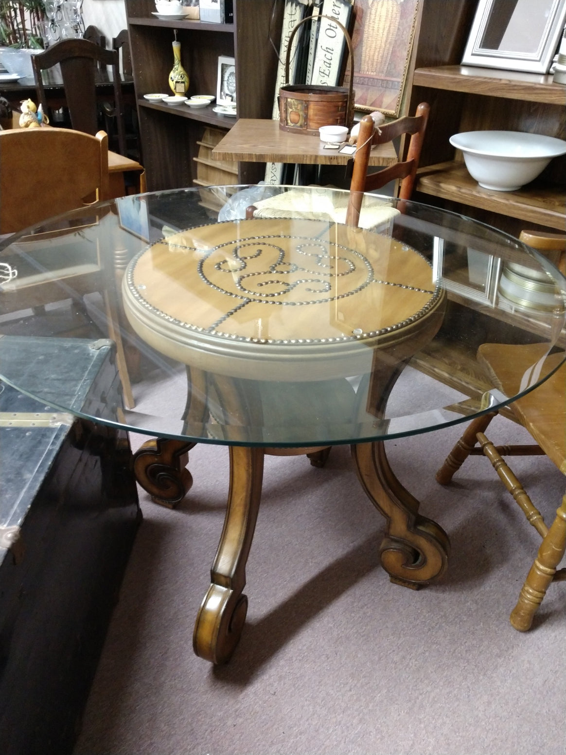 Round, Glass Table w/ Wood Base